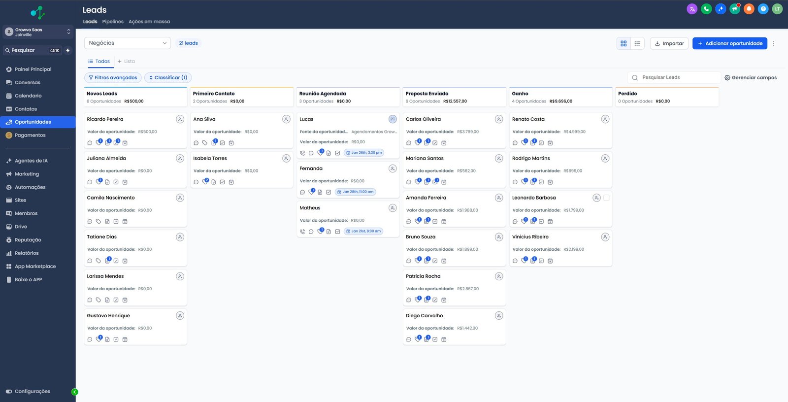Dashboard do Growvo mostrando leads e funil de vendas em tempo real